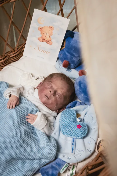 Senne in de wieg, omringd door zijn geboortekaartje en knuffels.